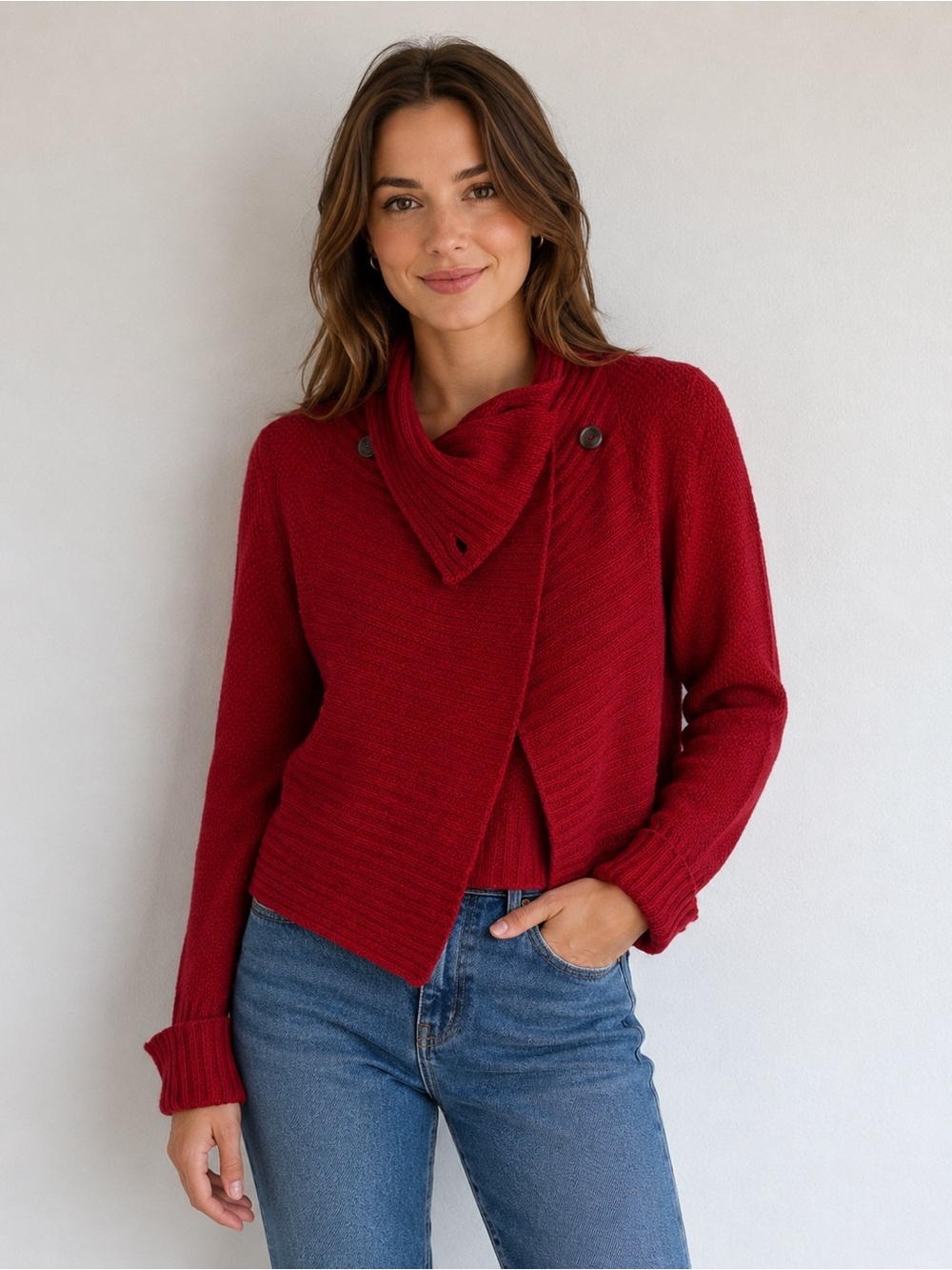 MaxMara made in Italy 100% cashmere red button cowl neck sweater